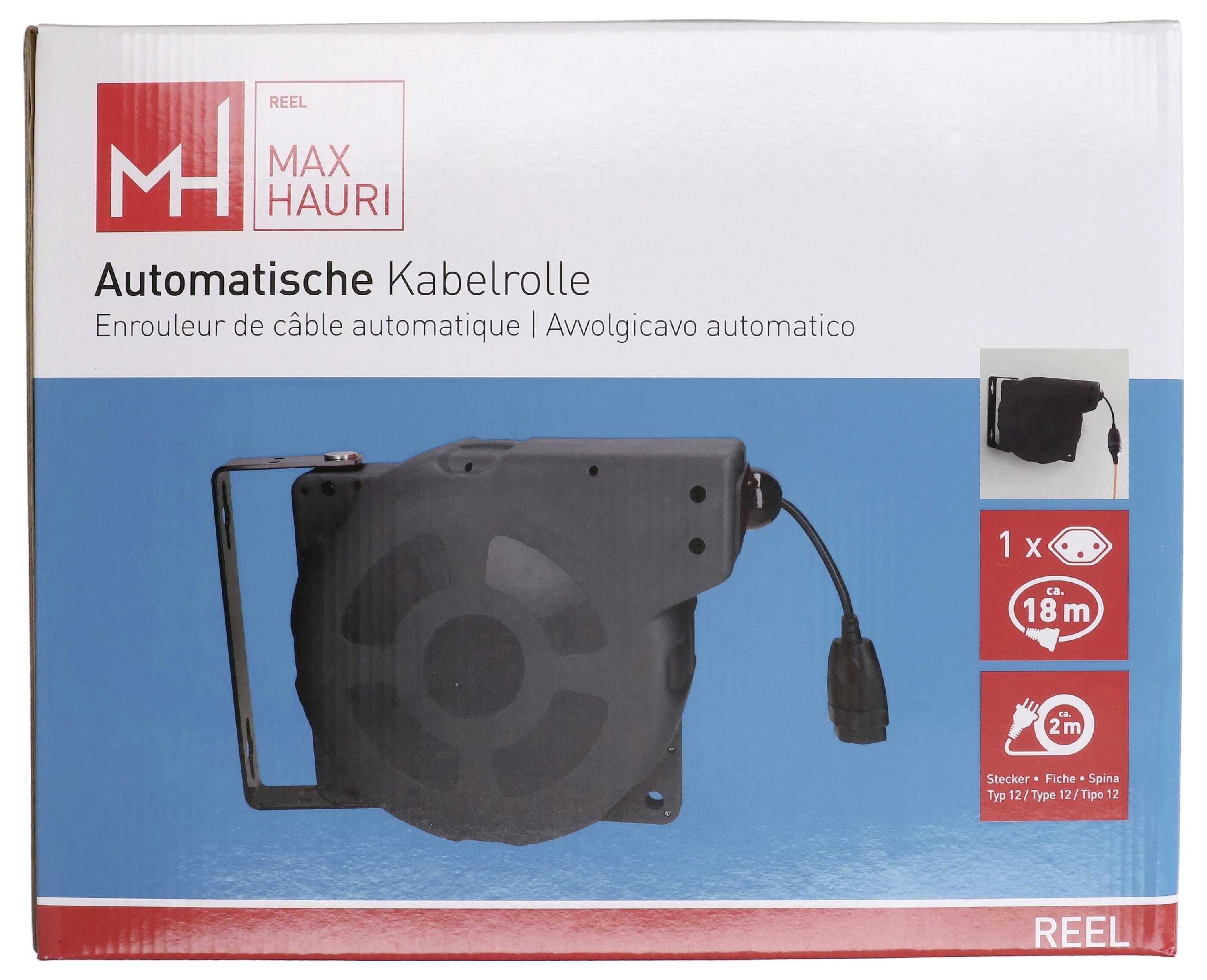 Emballage « Max Hauri Rouleuse de Câble Automatique » affichant une rouleuse de câble automatique avec détails : 1 unité, longueur 18m, adaptateur de prise de 2m.