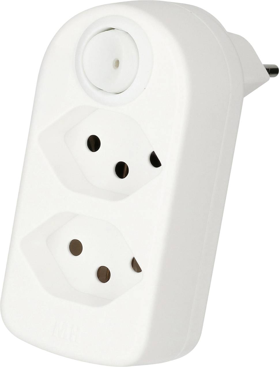 Adaptateur électrique blanc avec deux prises, conçu pour les fiches européennes.