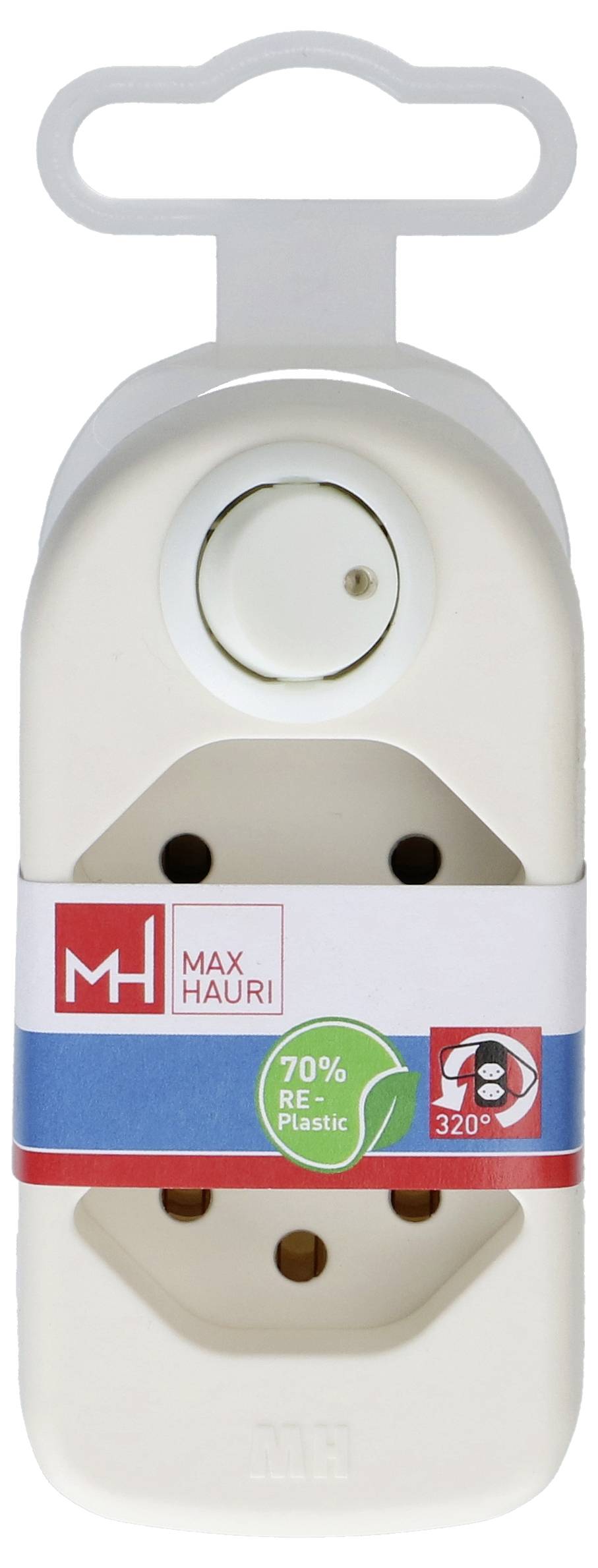 Un adaptateur électrique en plastique blanc avec un cadran circulaire, deux prises et une étiquette indiquant « 70 % plastique rec. PE ». Marque « Max Hauri ».