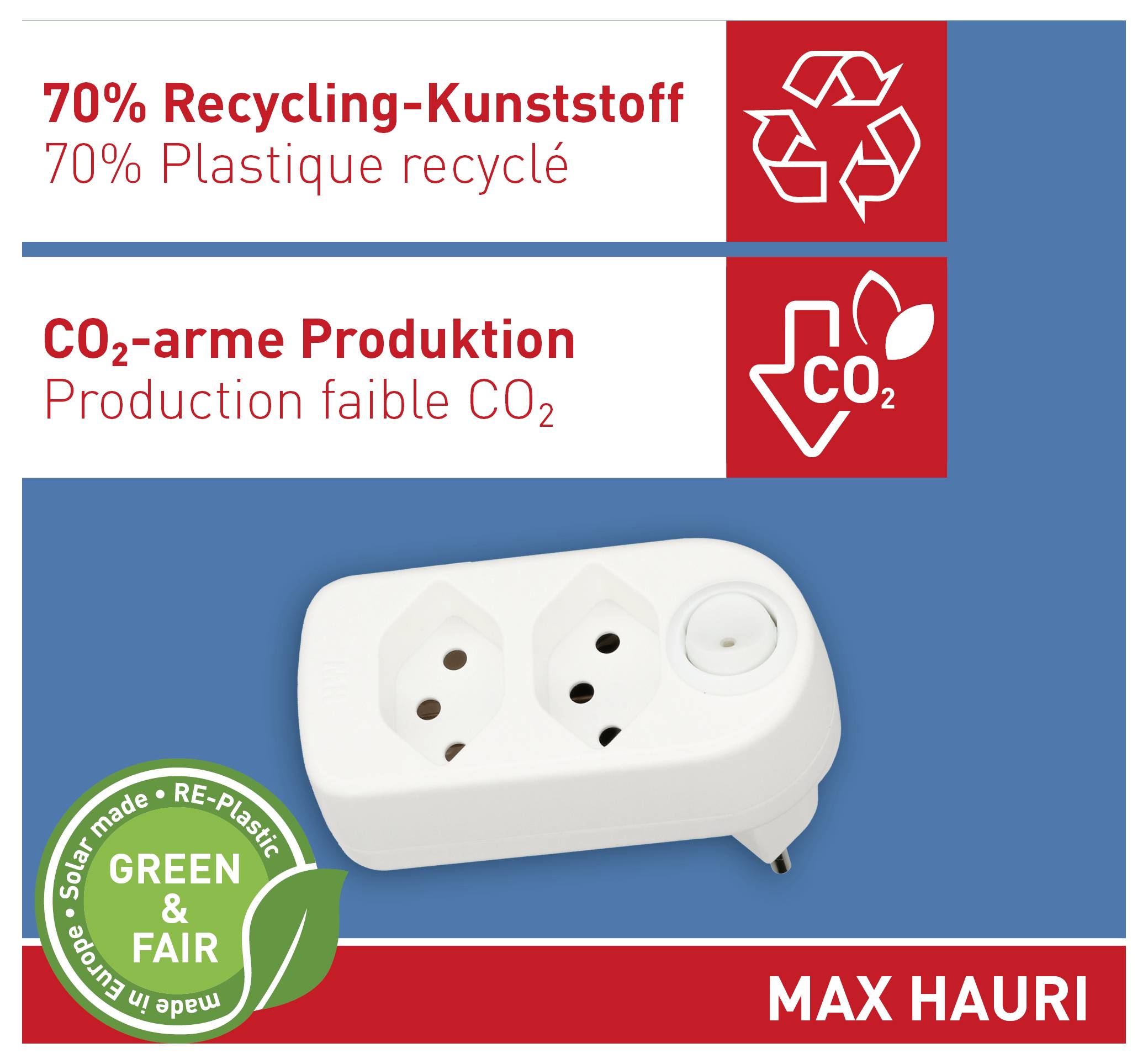 « 70 % de plastique recyclé », « Production à faible teneur en CO2 », et un adaptateur secteur double avec un badge « Green & Fair » indiquant une conception respectueuse de l'environnement.