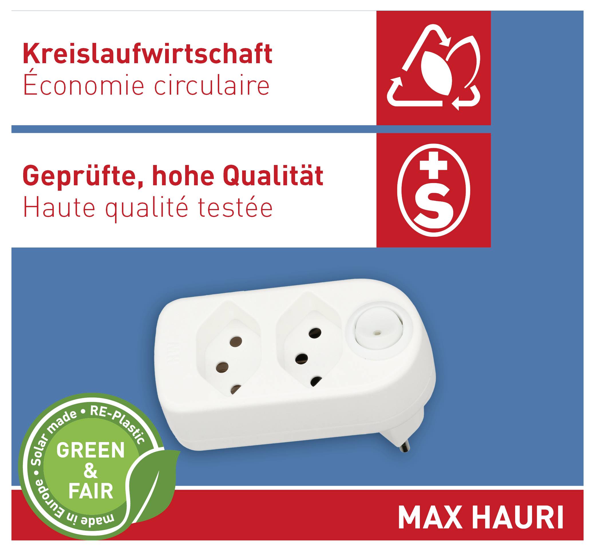 « Économie circulaire » et « Qualité élevée certifiée » au-dessus d'une image d'une prise de courant double. Inclut un tampon « GREEN & FAIR ».