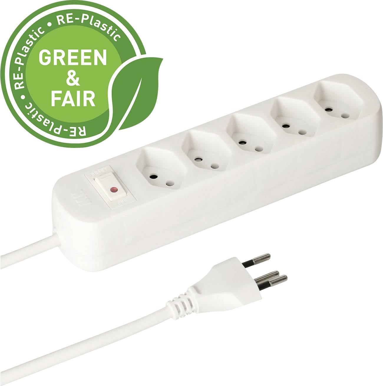 Une barrette d'alimentation blanche avec cinq prises et un interrupteur. Un logo de certification « Green & Fair » indique qu'elle est fabriquée à partir de matériaux recyclés.