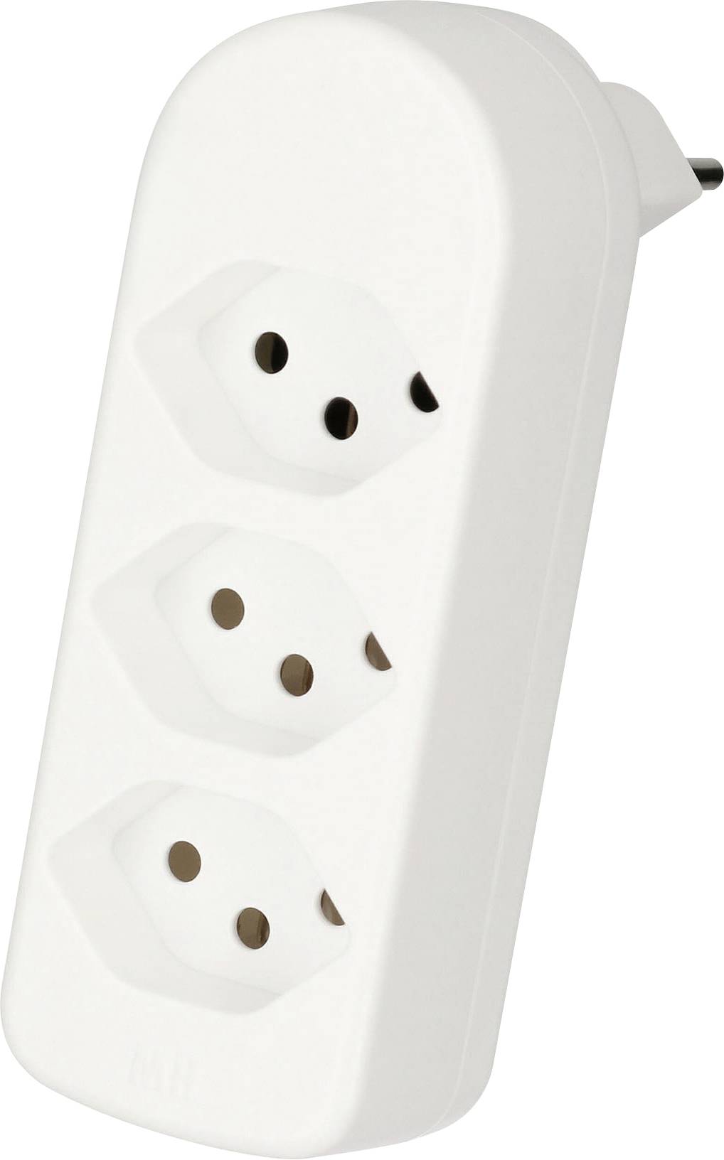 Un adaptateur multiprises blanc à trois prises orienté verticalement, adapté pour connecter plusieurs appareils électroniques à une seule source d'alimentation.