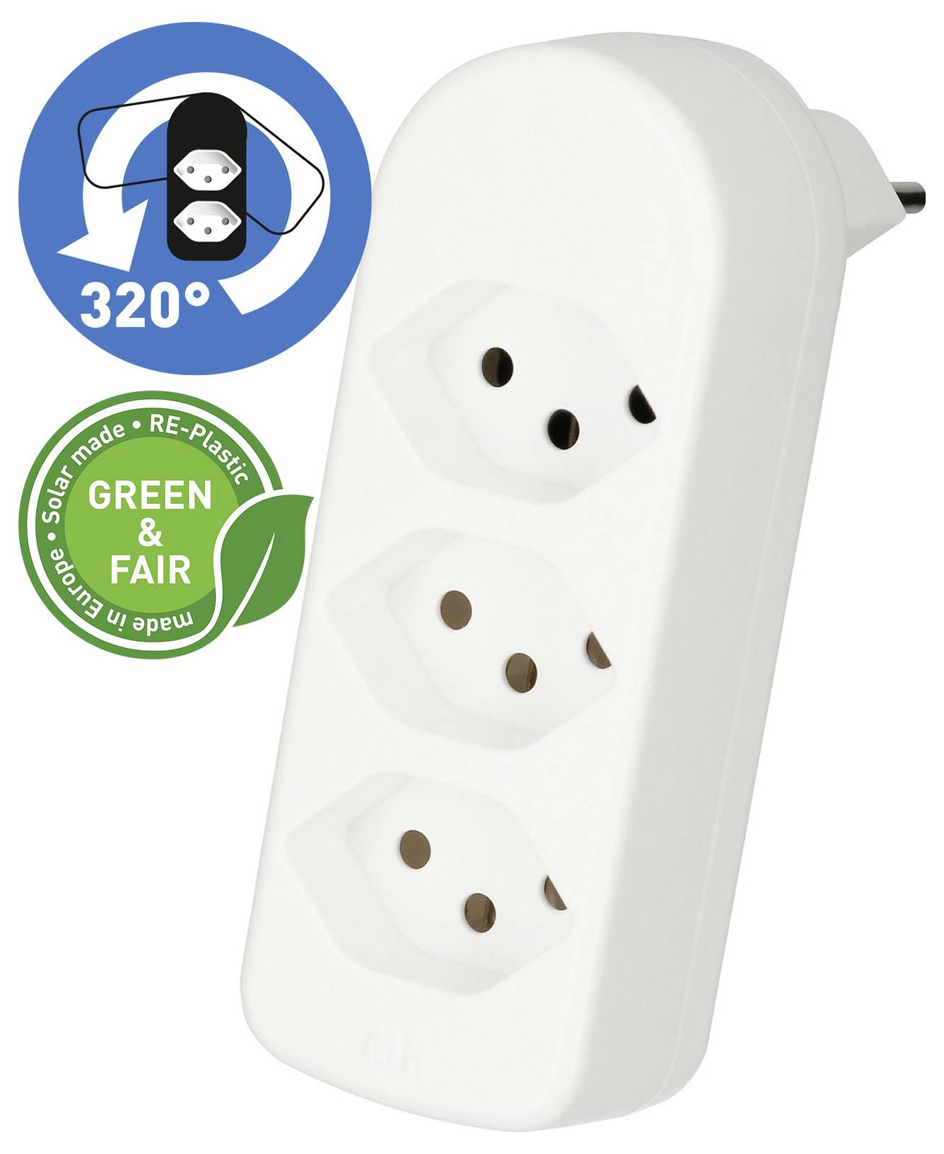 Une barrette d'alimentation blanche à trois prises avec un logo affichant une rotation de « 320° », et un badge « Green & Fair » indiquant une fabrication solaire et du plastique recyclé.