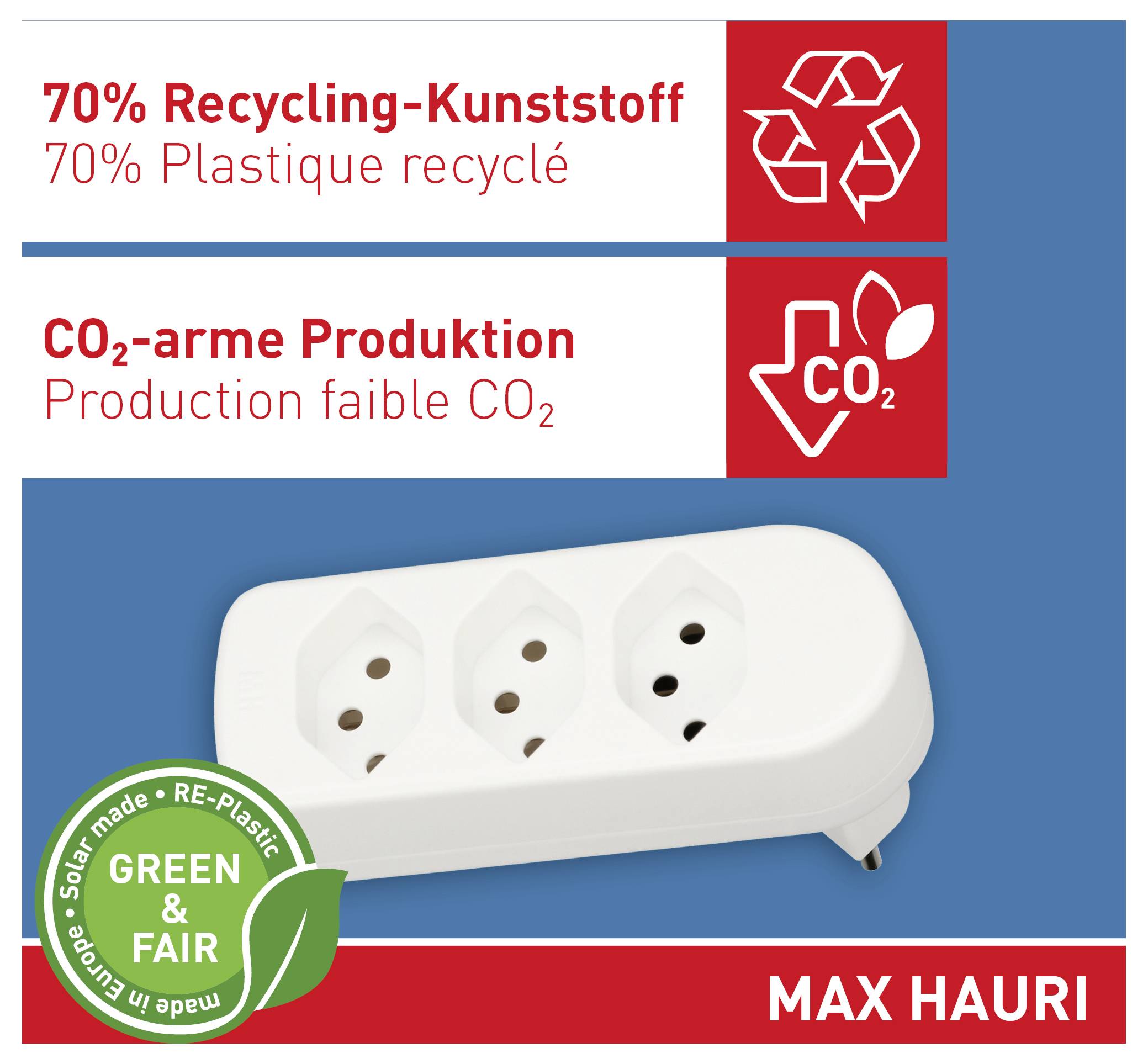 « 70 % de plastique recyclé » et « production faible en CO2 » sont mis en évidence avec des icônes. Une prise triple blanche est affichée en dessous.