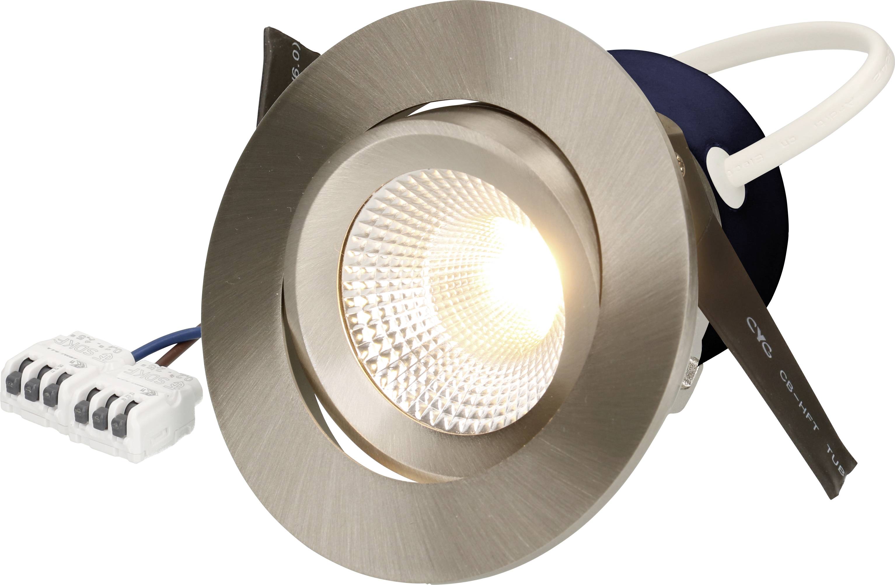 Un projecteur LED encastré rond avec une finition métallique, incliné légèrement vers le bas, illuminé, avec un câblage visible connecté à un connecteur blanc.