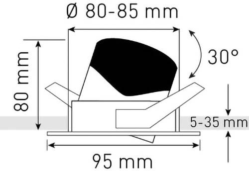 Diagramme montrant les dimensions d'un luminaire encastré : diamètre de 80-85 mm, hauteur de 80 mm, profondeur de 95 mm, inclinaison de 30°, hauteur ajustable de 5-35 mm.