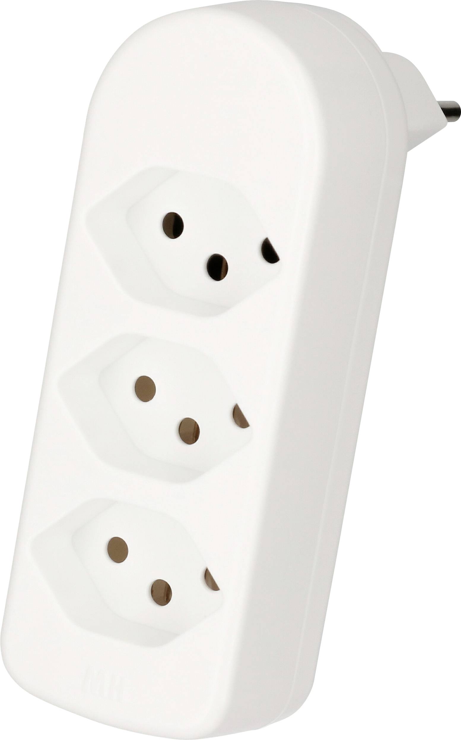 Un adaptateur blanc à trois prises avec une fiche à l'arrière, conçu pour les prises de courant européennes, présenté en position verticale.