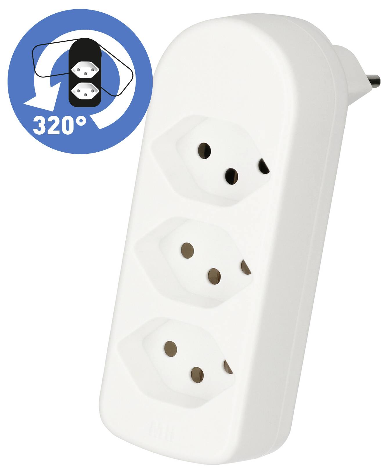Un adaptateur multiprises blanc avec trois prises ; à proximité, une icône circulaire indique qu'il peut tourner à 320 degrés.