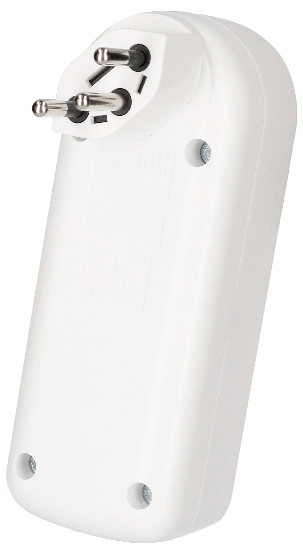 Un adaptateur de prise électrique européenne blanche avec trois broches rondes, conçu pour connecter des appareils aux prises électriques européennes.