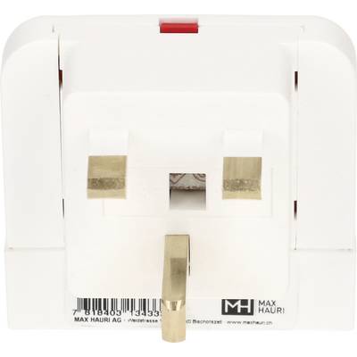 Un adaptateur de prise électrique blanc avec trois broches rectangulaires, adapté aux prises de courant britanniques. La marque au bas indique « Max Hauri ».