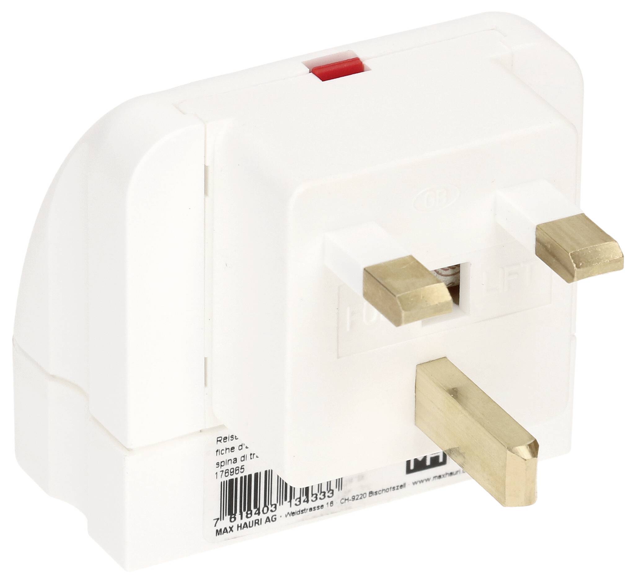 Un adaptateur britannique à trois fiches blanc avec un interrupteur rouge sur le dessus, conçu pour la connexion d'une alimentation électrique, doté de broches en laiton robustes.