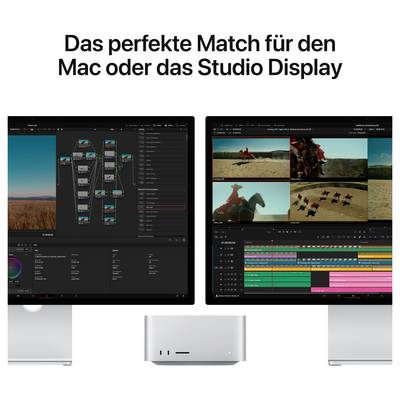 Deux écrans d'ordinateur affichent un logiciel complexe de montage vidéo. Au-dessus se trouve le texte « L'association parfaite pour le Mac ou l'écran Studio ».