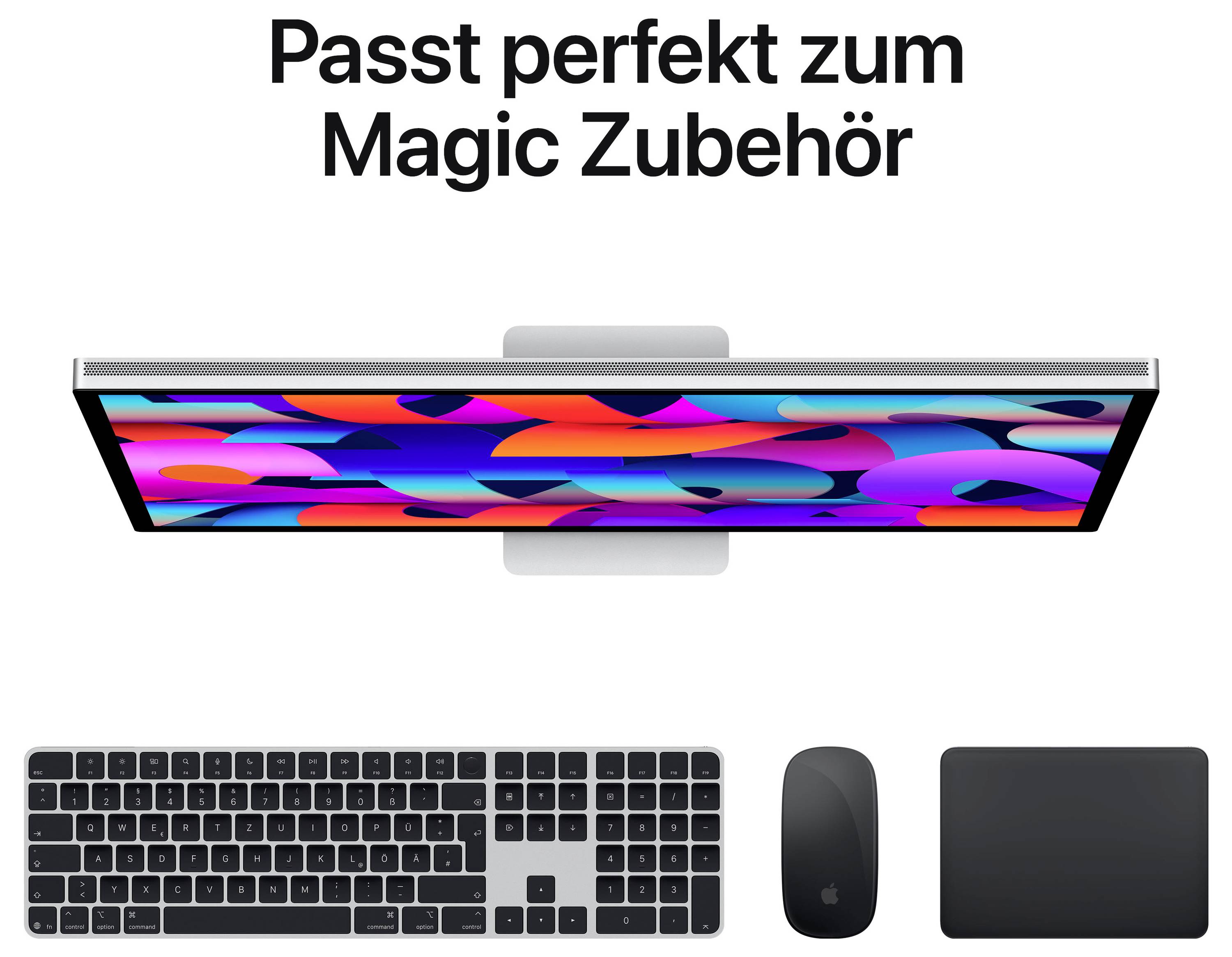 Un écran avec un motif coloré, au-dessus le texte: S'adapte parfaitement aux accessoires Magic. En dessous clavier, souris et trackpad en noir/argent.