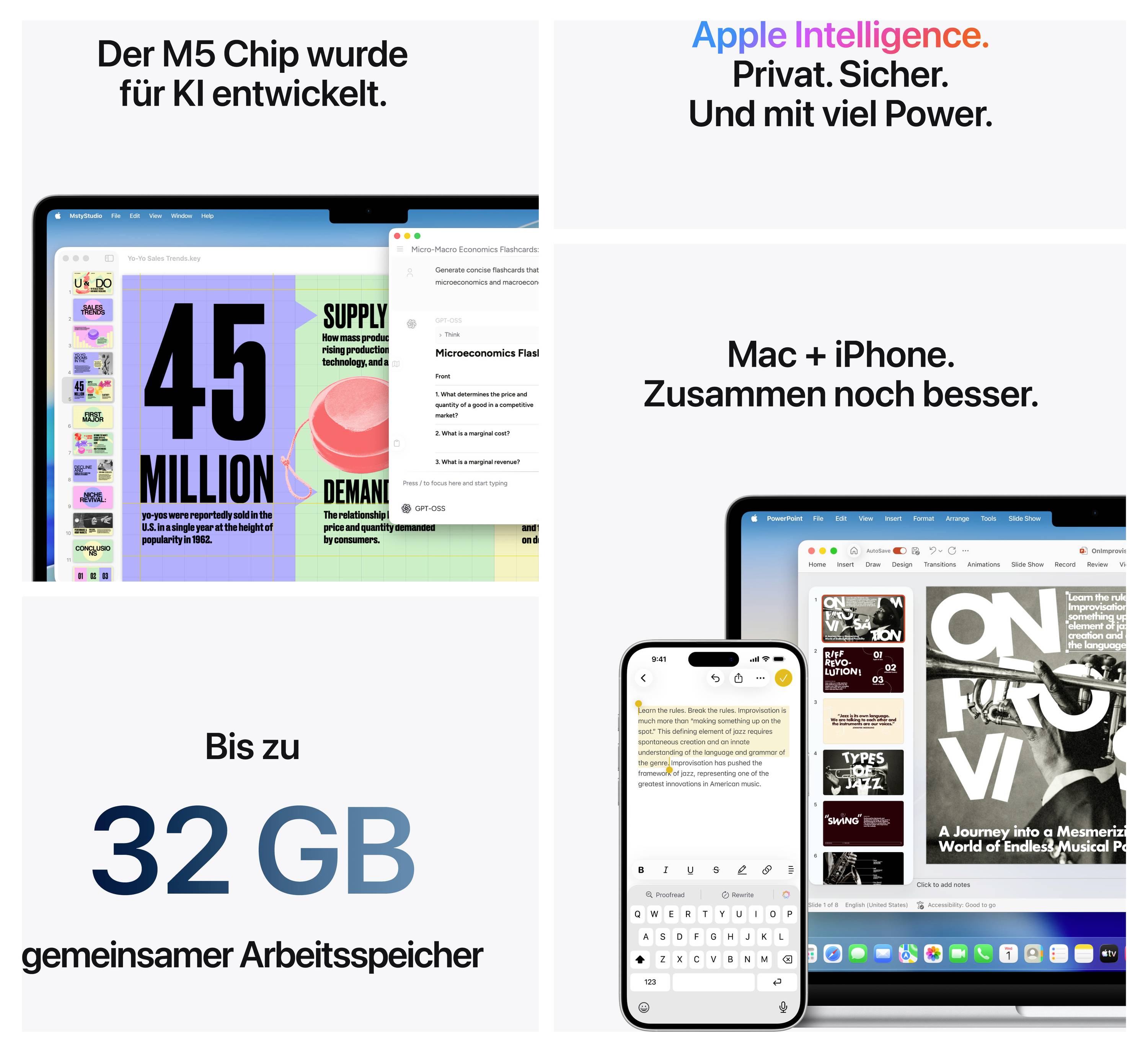 Un ordinateur portable et un smartphone avec des textes : « La puce M5 a été développée pour l'IA », « Apple Intelligence », « Jusqu'à 32 Go de mémoire partagée ».