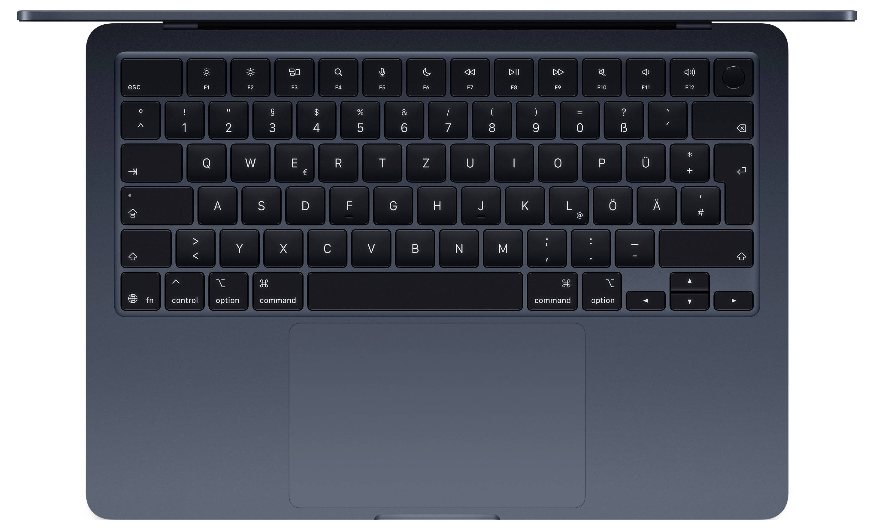 Une vue de dessus d'un clavier d'ordinateur portable noir avec une disposition QWERTZ, présentant un pavé tactile en dessous et un bouton d'alimentation en haut à droite.