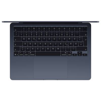 Une vue de dessus d'un clavier d'ordinateur portable noir avec une disposition QWERTZ, présentant un pavé tactile en dessous et un bouton d'alimentation en haut à droite.