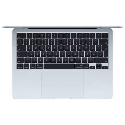 Un ordinateur portable argenté avec un clavier QWERTZ est ouvert. Les touches sont noires avec des lettres blanches, vues de dessus montrant le pavé tactile.