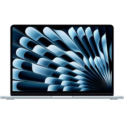 Un ordinateur portable affichant un motif bleu et noir abstrait sur son écran, présentant des formes ondulées courbes qui s'étalent à partir du coin inférieur droit.