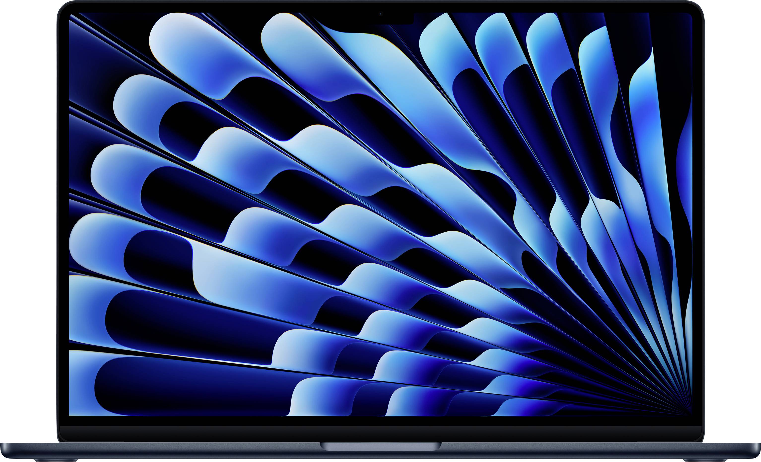 Un ordinateur portable avec un motif abstrait de vague bleue éclatante sur l'écran, créant une apparence dynamique et futuriste.