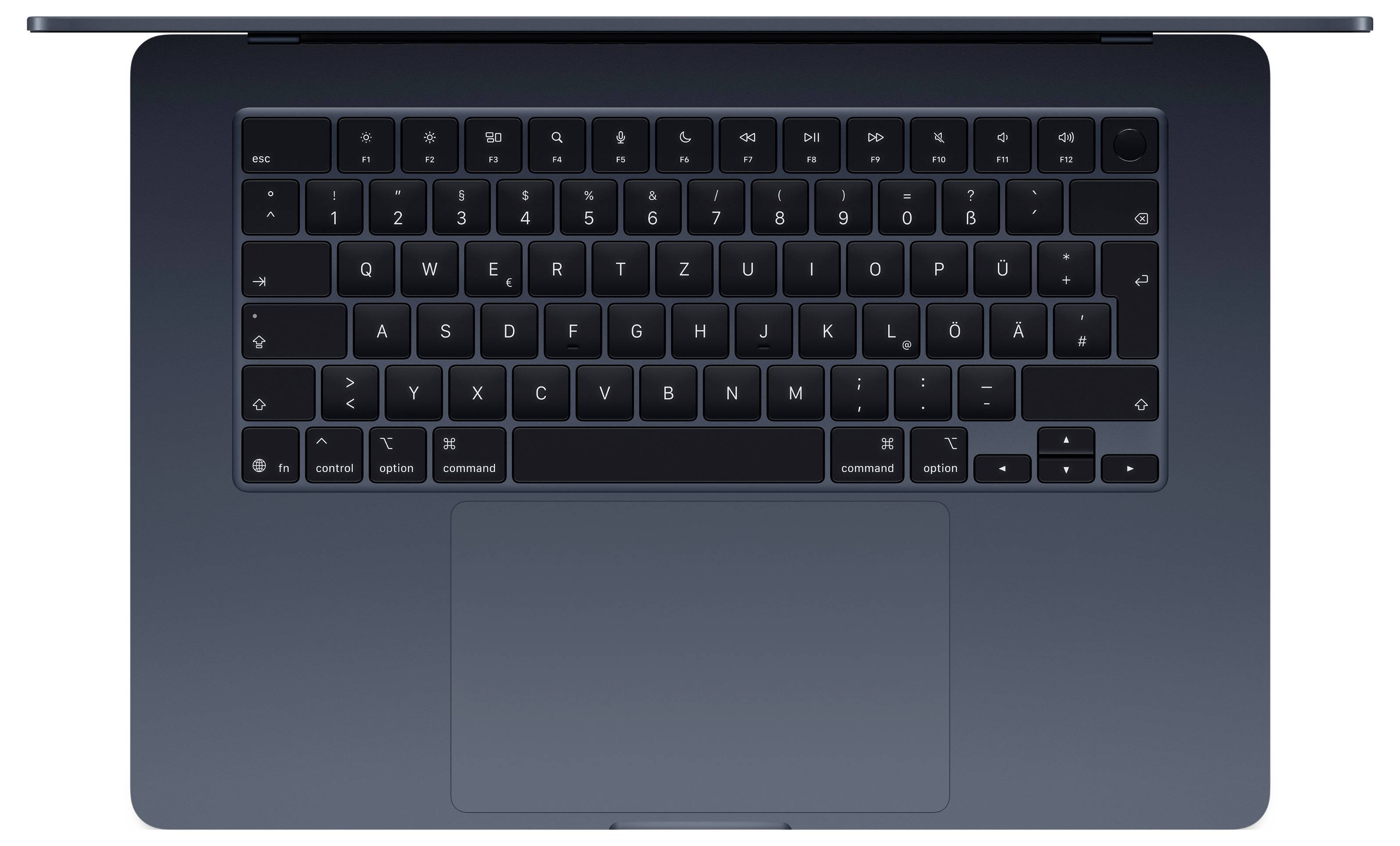 Vue de dessus d'un clavier d'ordinateur portable avec un pavé tactile en dessous, montrant la disposition QWERTY et des touches noires.