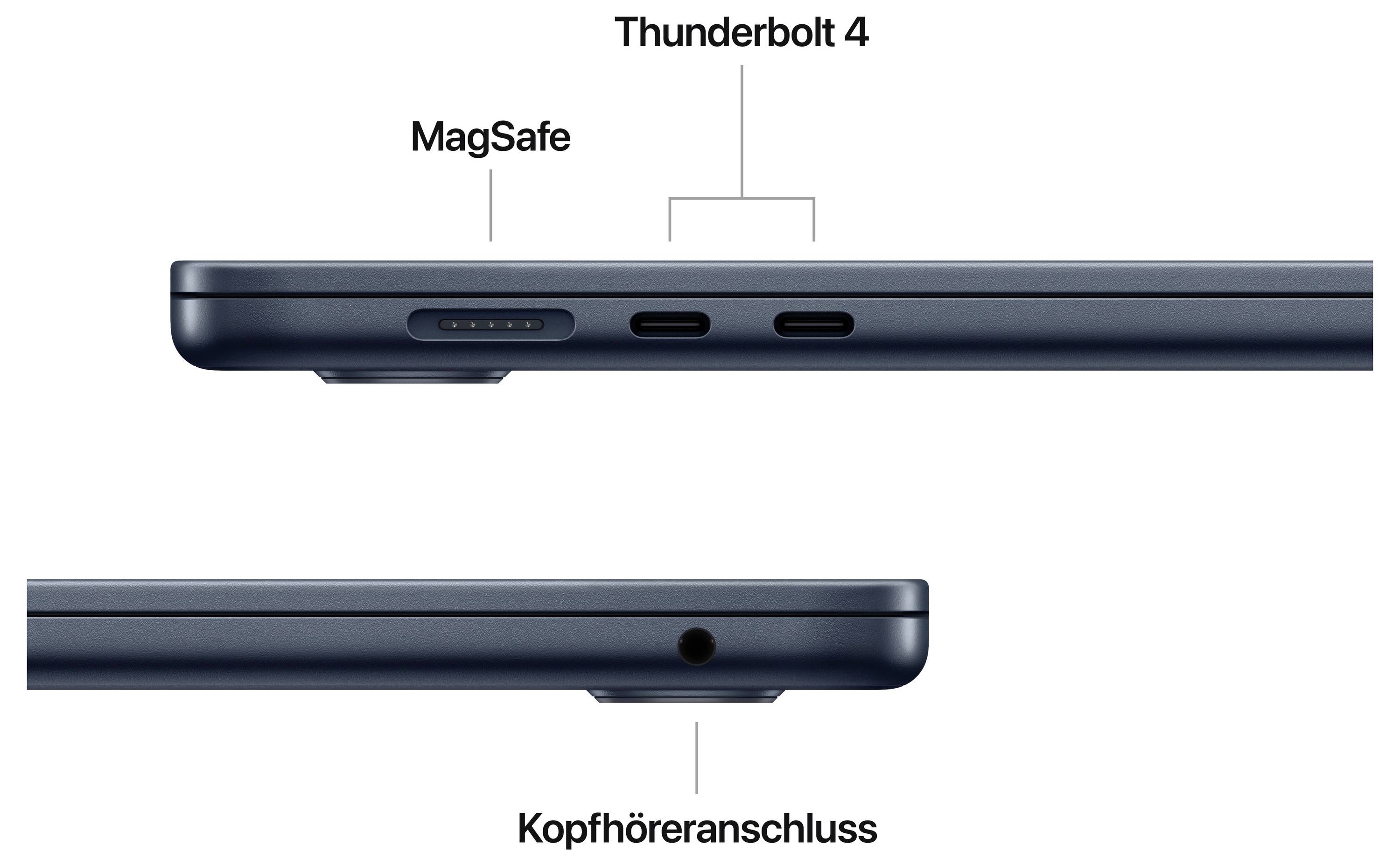 Vue latérale d'un ordinateur portable avec des étiquettes : En haut se trouvent les ports Thunderbolt 4 et MagSafe marqués, en bas une prise casque.