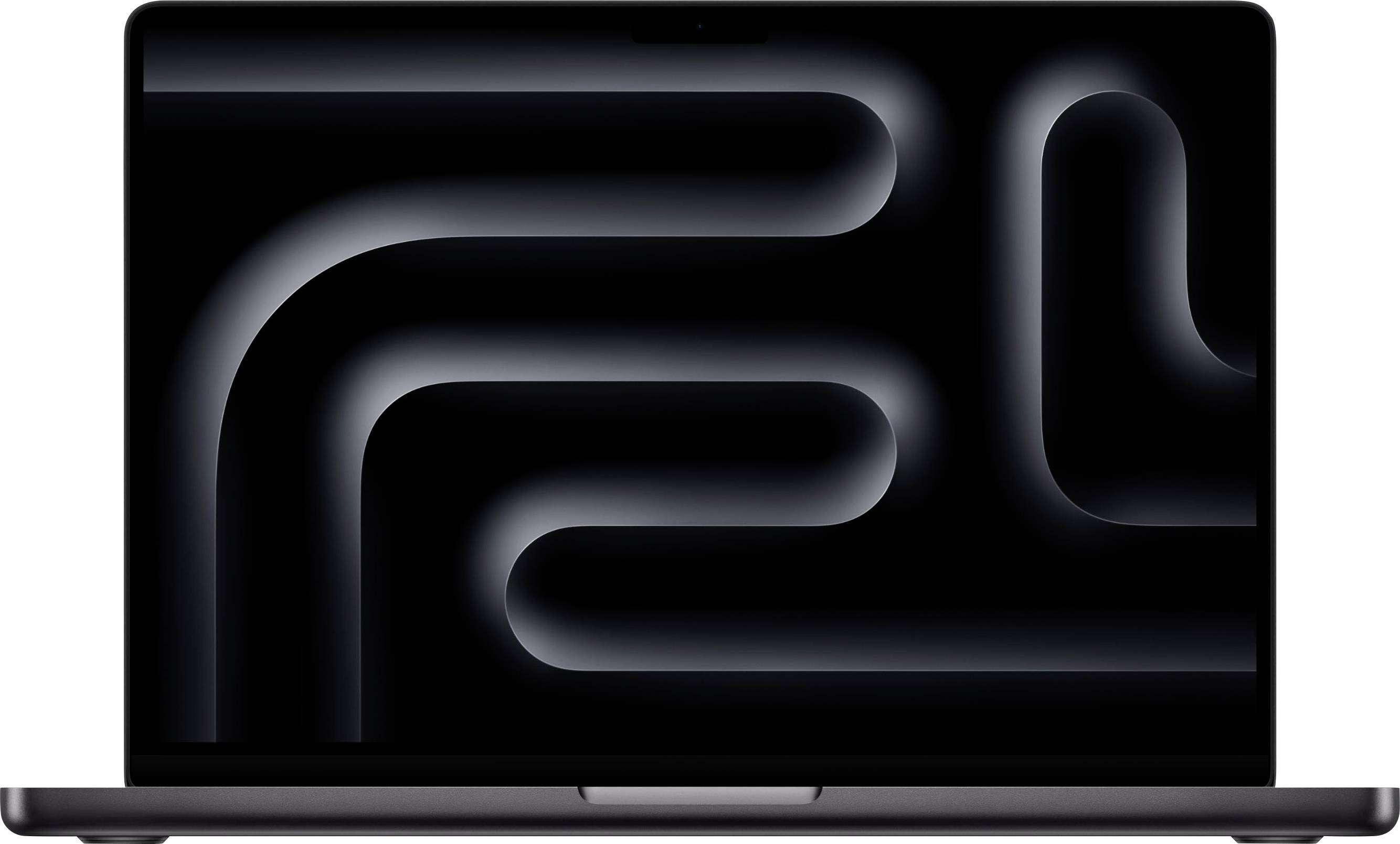 Un ordinateur portable avec un motif abstrait sombre sur l'écran, présentant des lignes courbes et des dégradés.