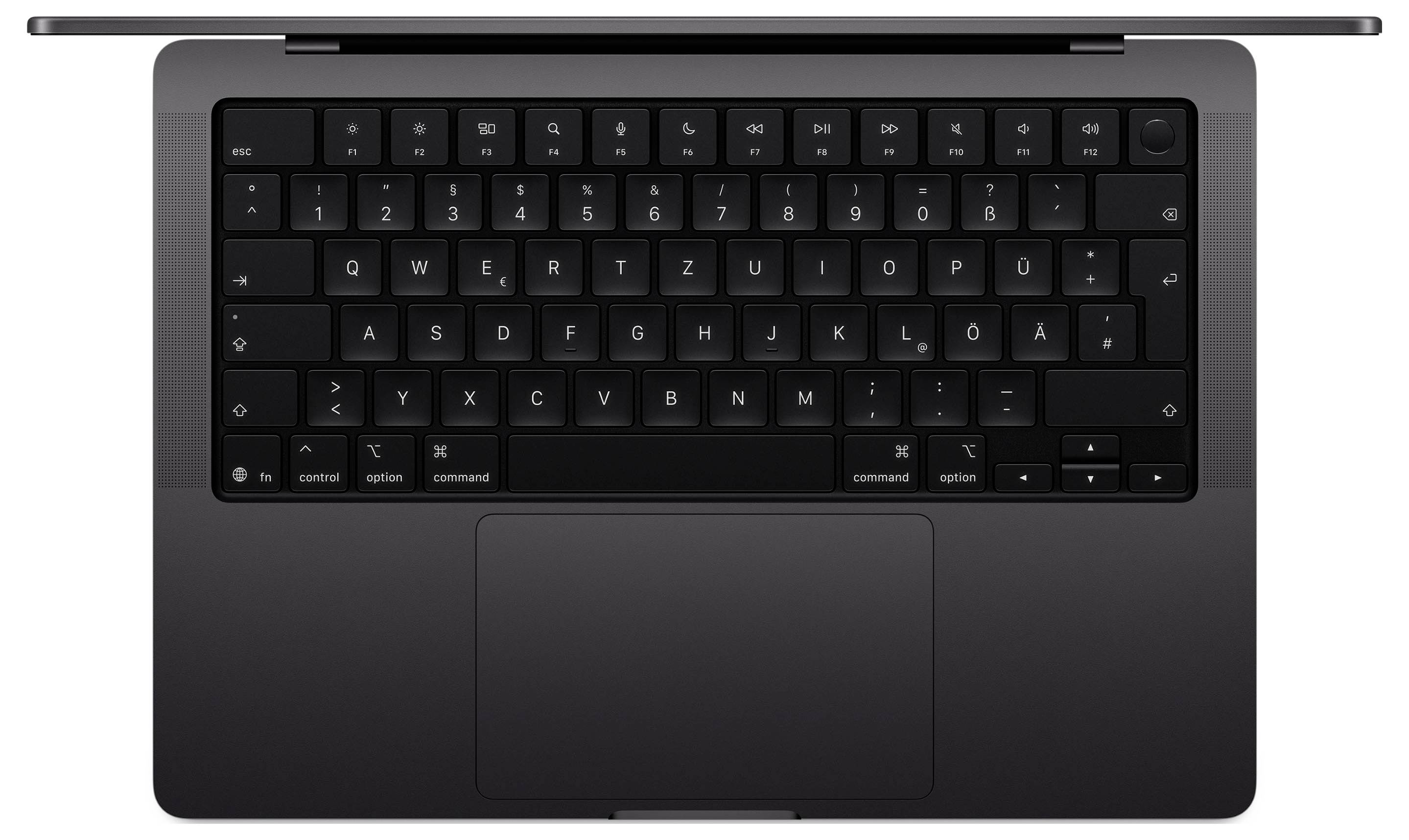 Une vue de dessus d'un ordinateur portable ouvert montrant un clavier noir et un pavé tactile, avec un écran à peine visible, sur un fond blanc.