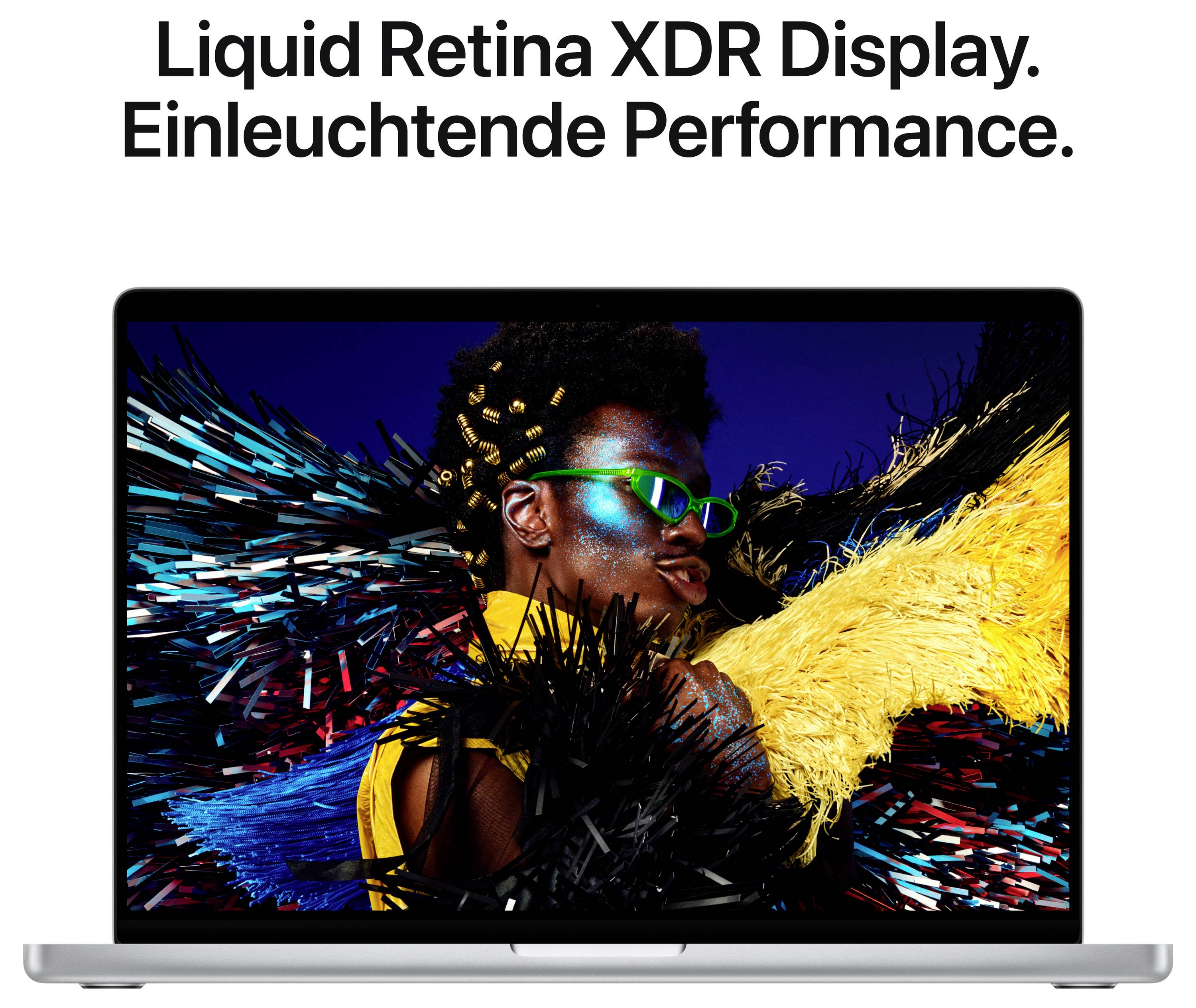 Un ordinateur portable avec un écran vibrant affichant une personne avec une décoration colorée. Texte : « Écran Liquid Retina XDR. Une performance éclatante. »