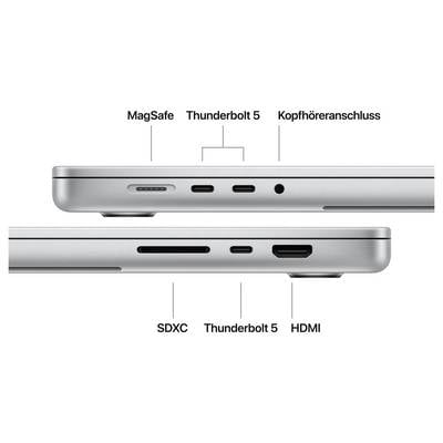 Vue latérale d'un ordinateur portable avec connecteurs : MagSafe, deux Thunderbolt 5, prise casque, SDXC, un autre Thunderbolt 5 et HDMI.
