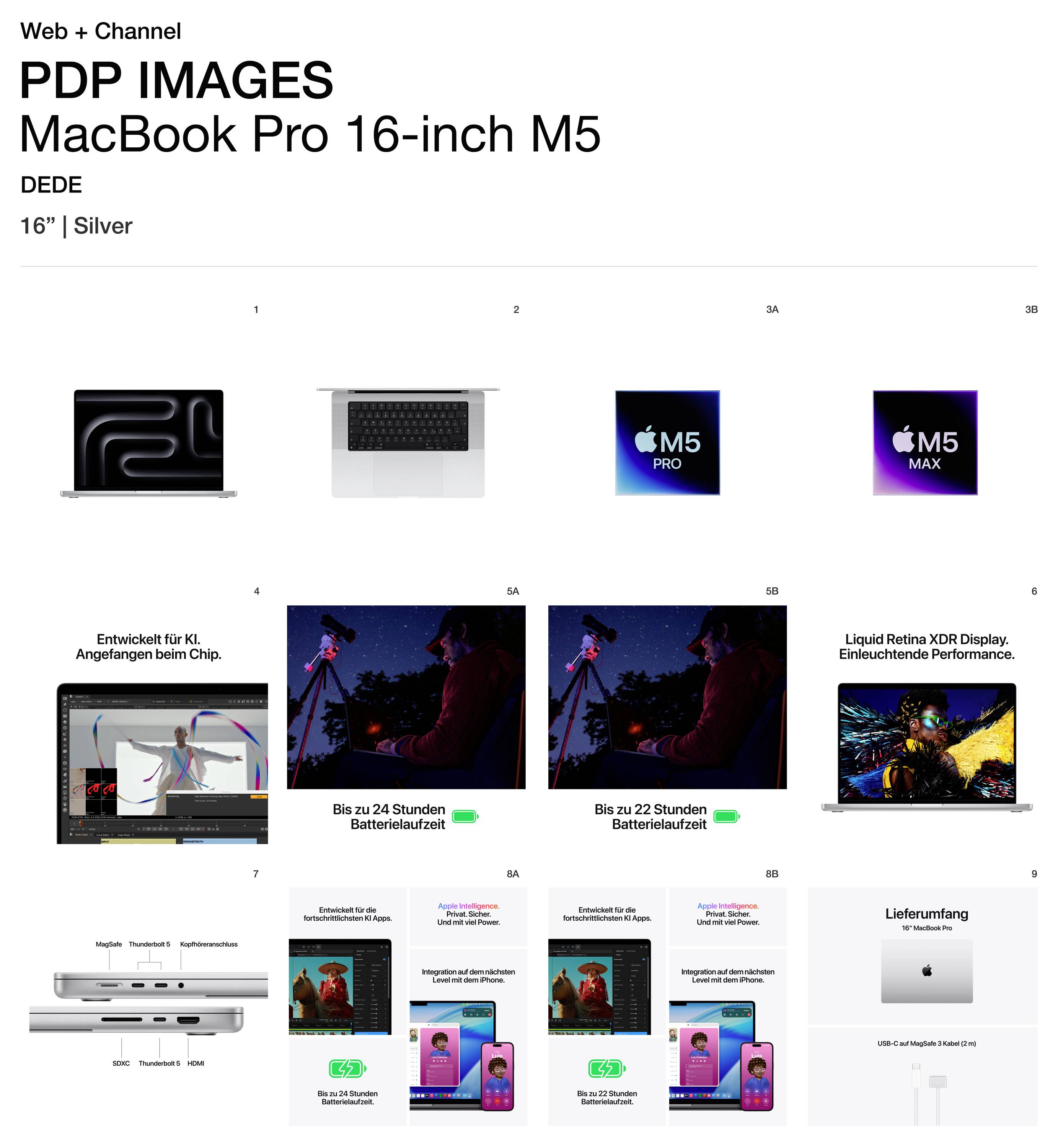Images de produit pour MacBook Pro 16 pouces M5 en argent. Contient des images du design de l'ordinateur portable, de l'autonomie de la batterie et des variantes de puces (M5 Pro, M5 Max).