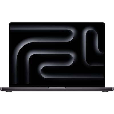 Un ordinateur portable affichant un design géométrique abstrait sombre sur son écran, présentant des lignes courbes créant une apparence moderne et épurée.