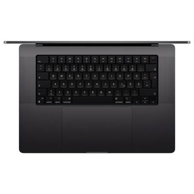 Une vue de dessus d'un ordinateur portable ouvert avec un clavier noir et un grand pavé tactile, posé sur une surface grise.