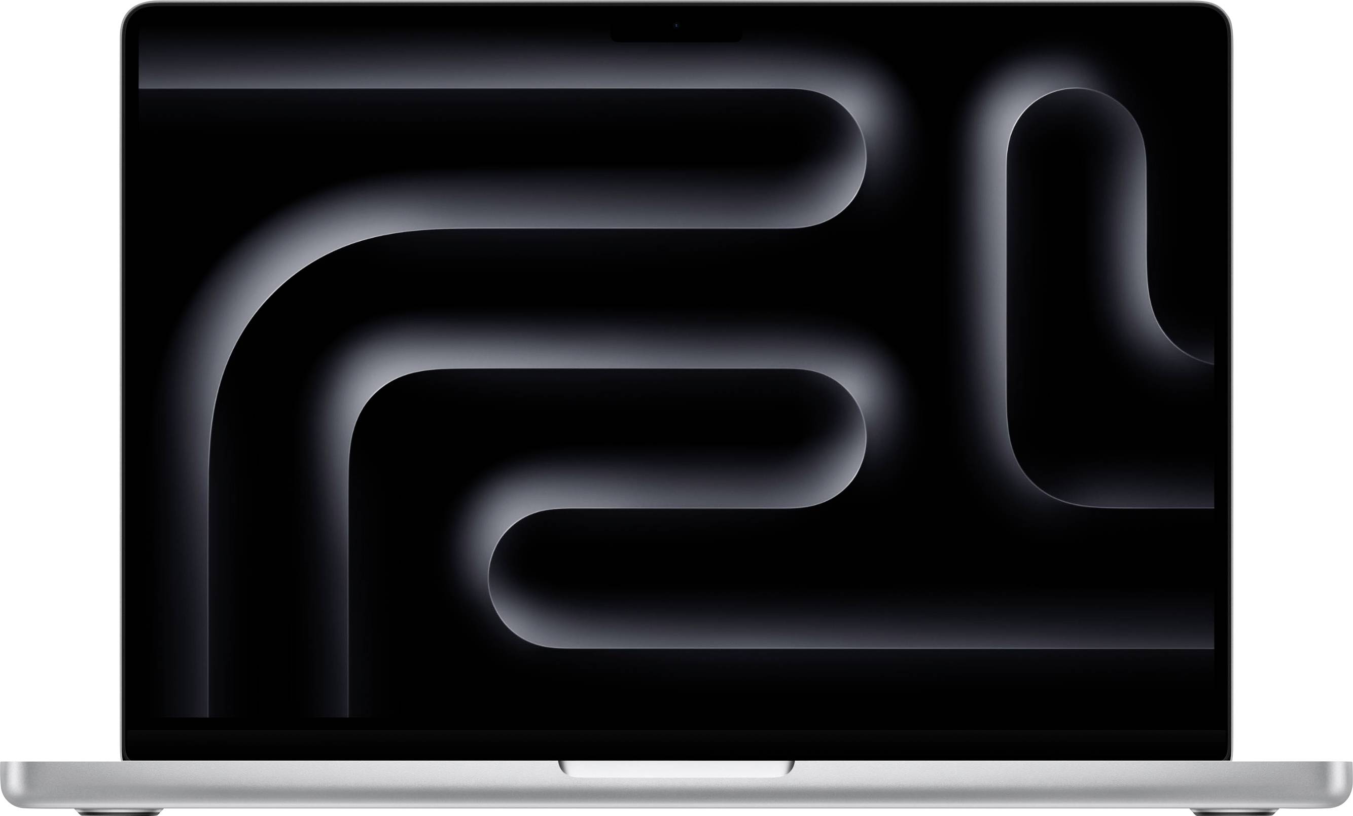 Un ordinateur portable avec un écran sombre affichant une abstraction avec des lignes courbes illuminées sur un fond noir.