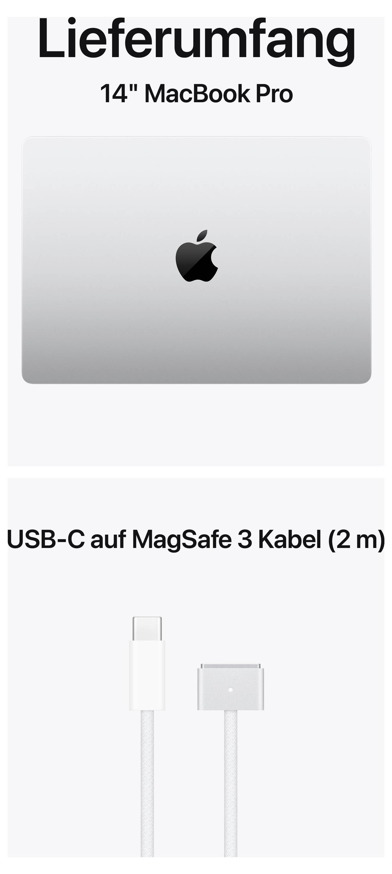 Contenu de la livraison : MacBook Pro 14" et Câble USB-C vers MagSafe 3 (2 m).
