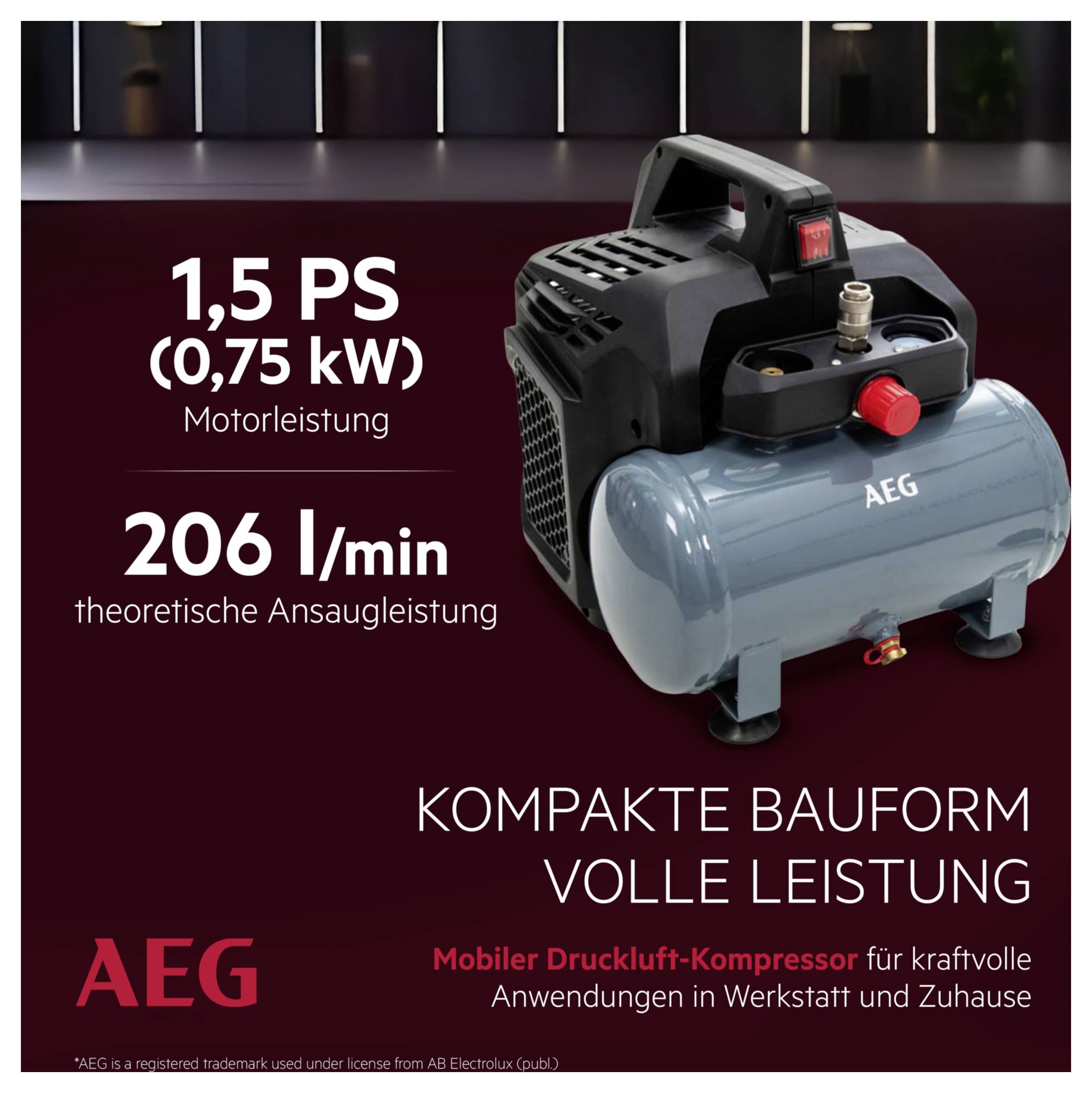 Compresseur d'air portable AEG avec une puissance de 1,5 ch, débit d'aspiration de 206 l/min. Idéal pour l'atelier et la maison.