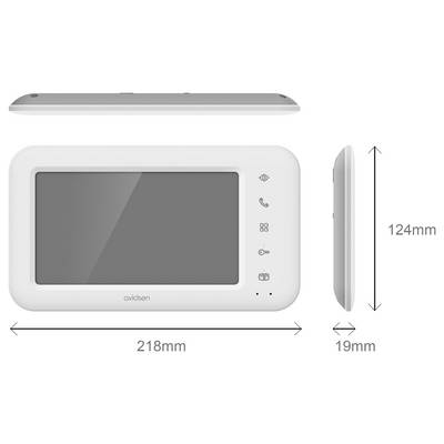 Appareil interphone vidéo avec écran de 7 pouces présenté en vue de face et de profil. Dimensions : 218 mm de large, 124 mm de haut, 19 mm d'épaisseur.