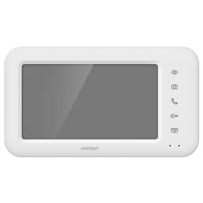 Interphone Avidsen avec grand écran et icônes pour les fonctions œil, caméra, téléphone et clé sur le côté droit pour la surveillance de la sécurité domestique.