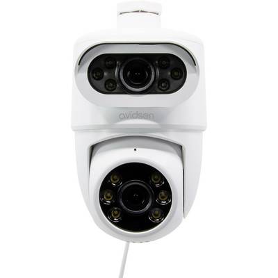 Une caméra de sécurité blanche avec deux objectifs et plusieurs capteurs infrarouges sur fond blanc, conçue à des fins de surveillance.