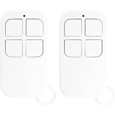 Deux télécommandes blanches avec quatre boutons chacune : verrouillage, déverrouillage, accueil et « SOS ». Conçues pour le fonctionnement du système de sécurité.