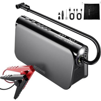 Un gonfleur de pneu portable avec un affichage numérique, un tuyau, un bouton d'alimentation et des pinces attachées. Les accessoires et le sac de transport sont affichés à proximité.