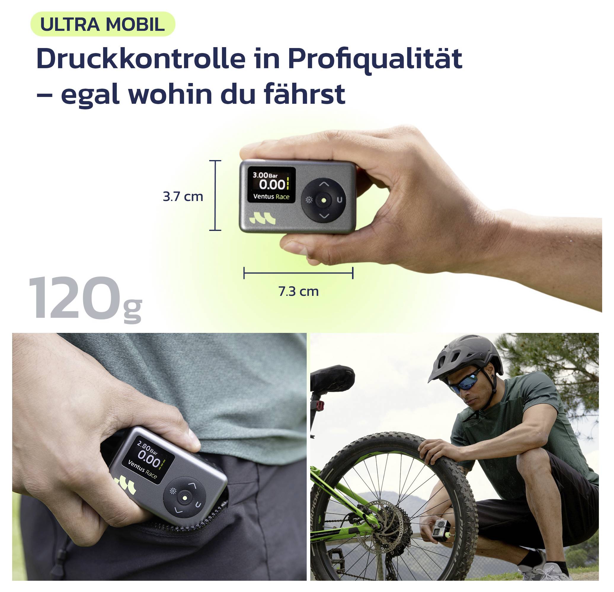 Annonce allemande pour le contrôle de pression de qualité supérieure « ULTRA MOBIL », montrant un manomètre de pneu de vélo compact de 120 g et des cyclistes l'utilisant en plein air, avec des étiquettes de taille 3,7 cm et 7,3 cm.