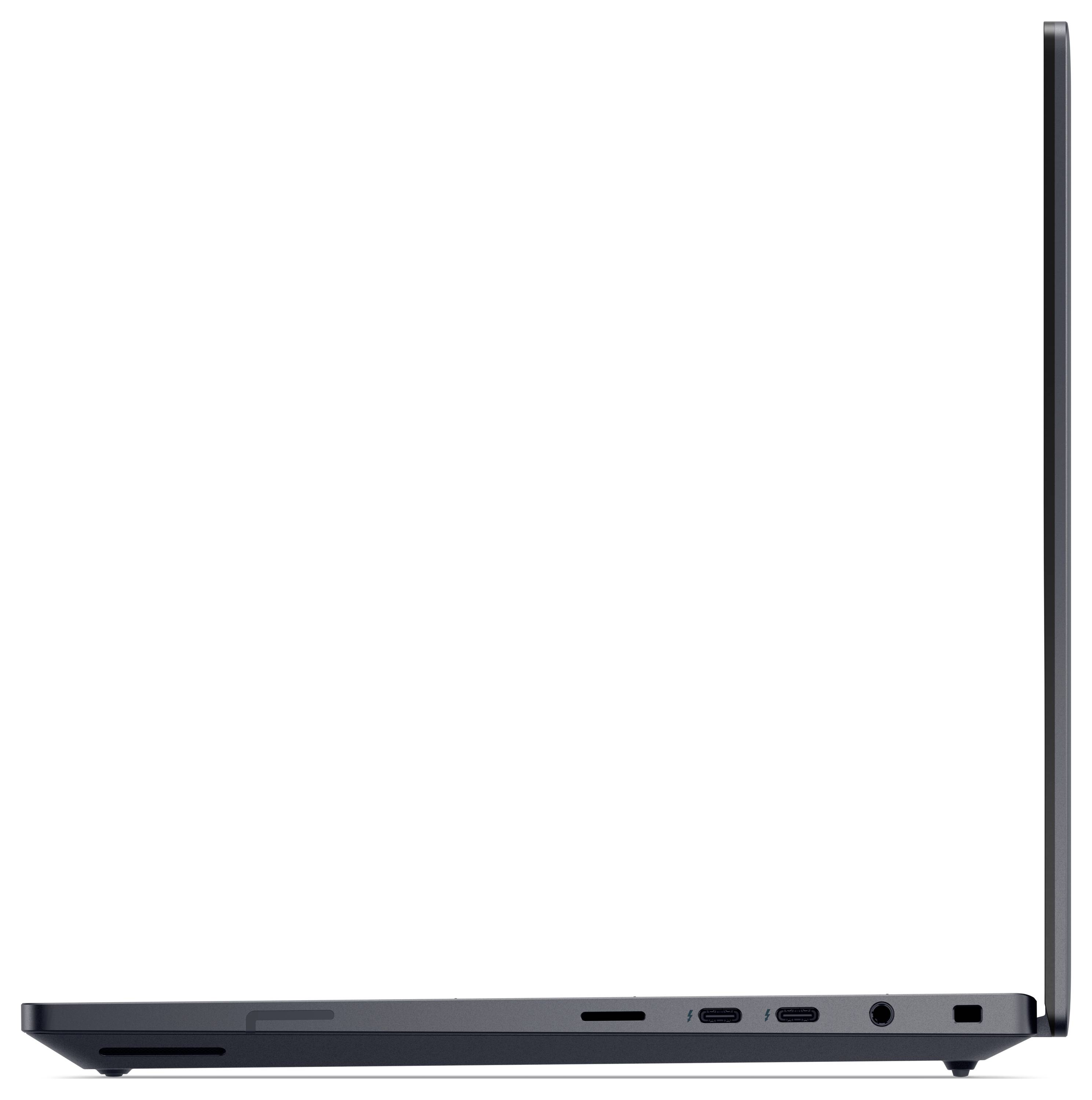 Vue latérale d'un ordinateur portable fin et ouvert montrant plusieurs ports, dont USB-C et prise casque, reflétant un design moderne.