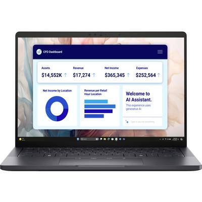 Un écran d'ordinateur portable affiche un tableau de bord CFO avec des mesures financières : Actifs 14 552 K $, Revenu 17 274 $, Revenu Net 365 345 $, Dépenses 252 564 $.