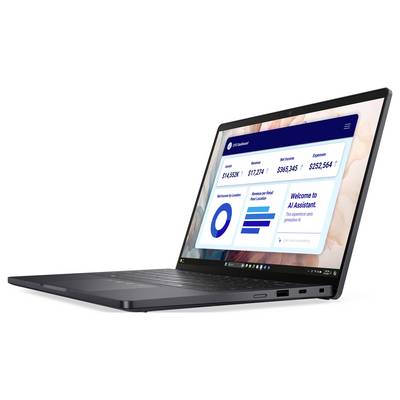 Un ordinateur portable Dell noir avec un couvercle partiellement ouvert, montrant le clavier et certains ports sur le côté.