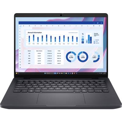 Un ordinateur portable affichant un tableau de bord financier. Les graphiques incluent des diagrammes en barres, des camemberts et des tableaux intitulés « Informations annuelles » et « Statistiques de revenus ».