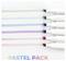 Six marqueurs aux couleurs pastel arrangés verticalement, traçant des lignes horizontales en vert, bleu, sarcelle, violet, rose et corail. Le texte ci-dessous indique « PASTEL PACK ».