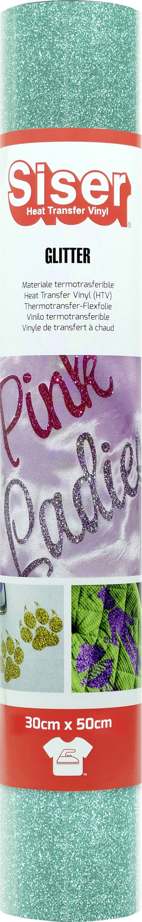 Un rouleau de vinyle pailleté Siser en turquoise est affiché avec des modèles d'exemple, incluant le texte « Pink Ladies » et des formes, étiqueté 30cm x 50cm.