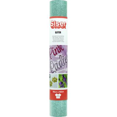 Un rouleau de vinyle pailleté Siser en turquoise est affiché avec des modèles d'exemple, incluant le texte « Pink Ladies » et des formes, étiqueté 30cm x 50cm.
