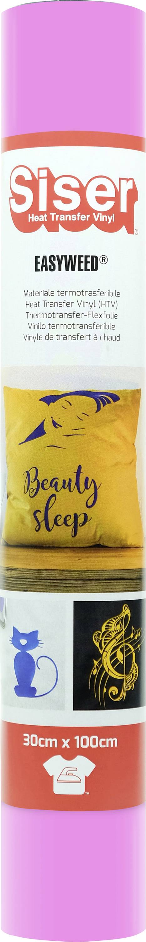 Un rouleau de vinyle Siser EasyWeed dans un emballage rose, montrant des exemples de designs en vinyle sur du tissu, notamment un oreiller « Beauty Sleep ».